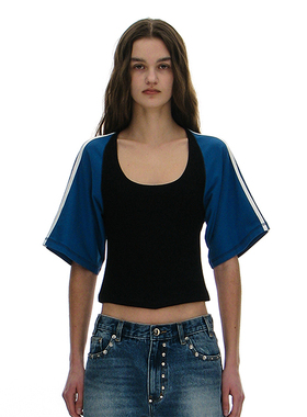 撞色插肩性感露背 韩国正品 PARTIMENTO 25SS时尚个性拼色袖T恤