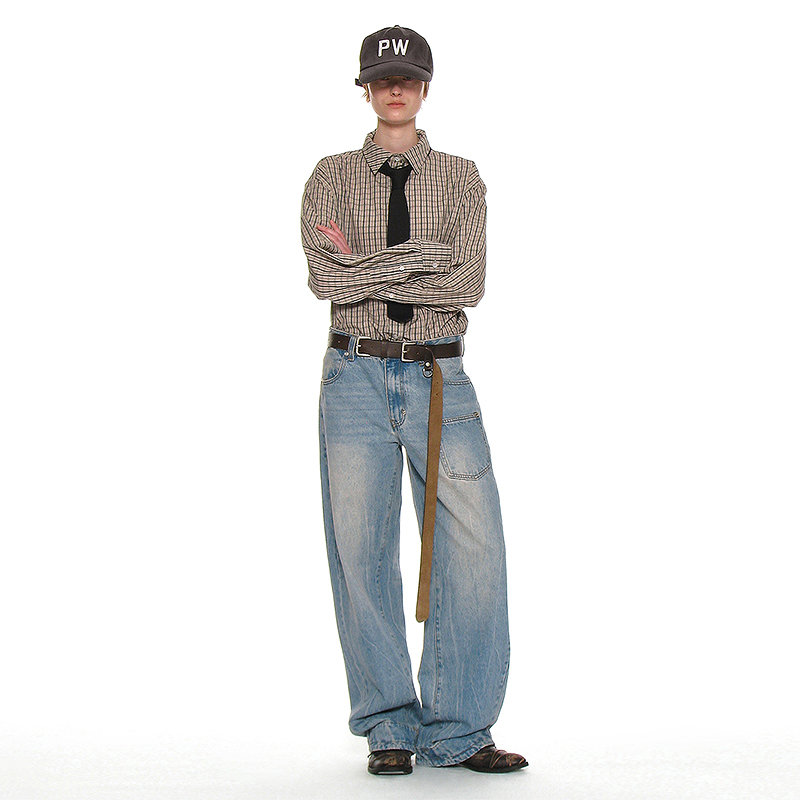 复古做旧束腰锥形牛仔裤