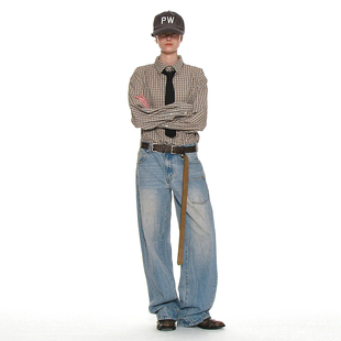 复古做旧束腰锥形牛仔裤 PARTIMENTO 铆钉点缀多口袋中腰宽版长裤