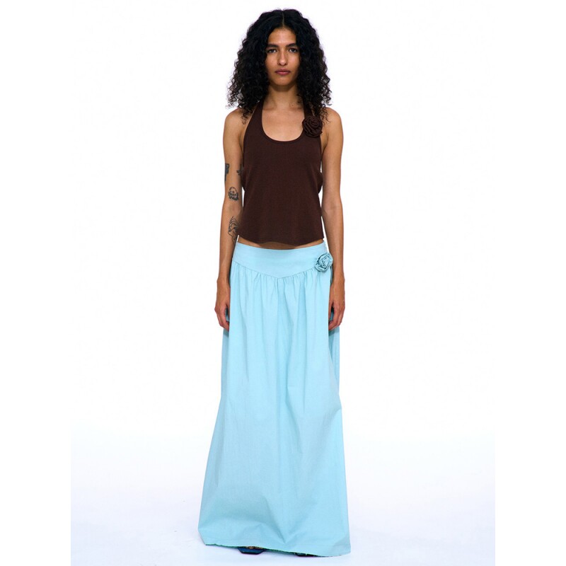 水洗百搭A字宽松裙子 韩国正品 PARTIMENTO 纯色花朵褶皱半身长裙