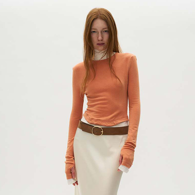 修身双层假两件高领T恤