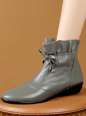 头层牛皮妈妈鞋皮靴中年秋冬平底短靴女靴加绒雪地靴定做33-44码