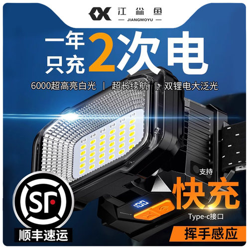 江尛鱼头灯超大泛光强光充电散光