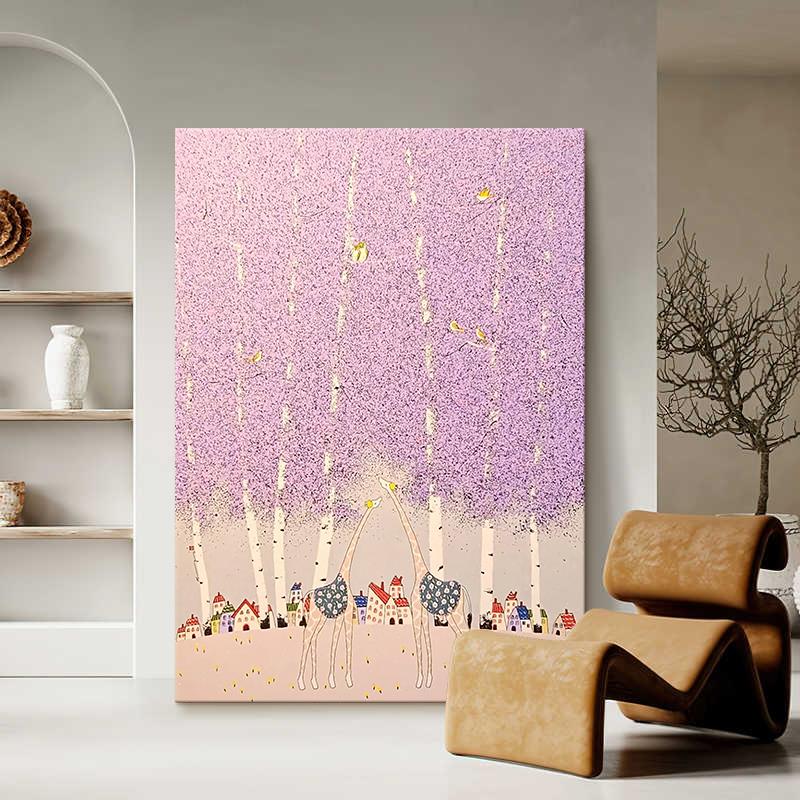 紫色大树长颈鹿手绘油画儿童房趣味风景装饰画客厅挂画玄关肌理画图片