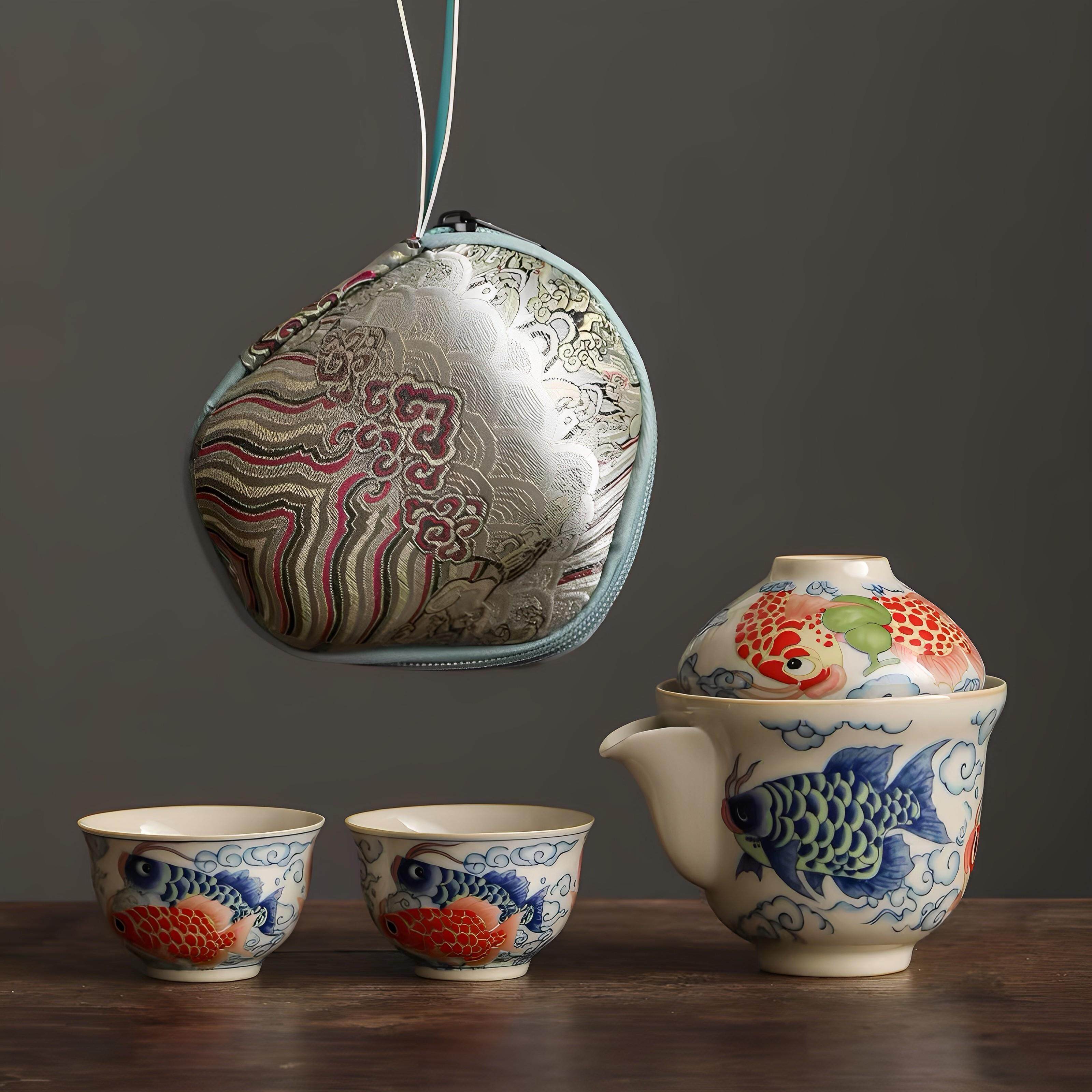 草木灰龙鱼旅行茶具套装手绘釉下快客杯户外泡茶便携式陶瓷泡茶壶,餐饮具,旅行茶具,淘宝优惠券,粉丝福利购,淘宝优惠卷