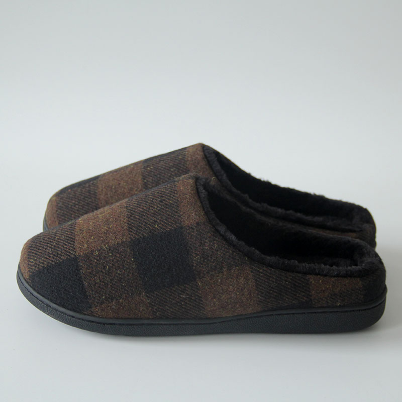男士秋冬加绒保暖居家办公室内英伦棉拖鞋软底防滑格纹时尚半包跟