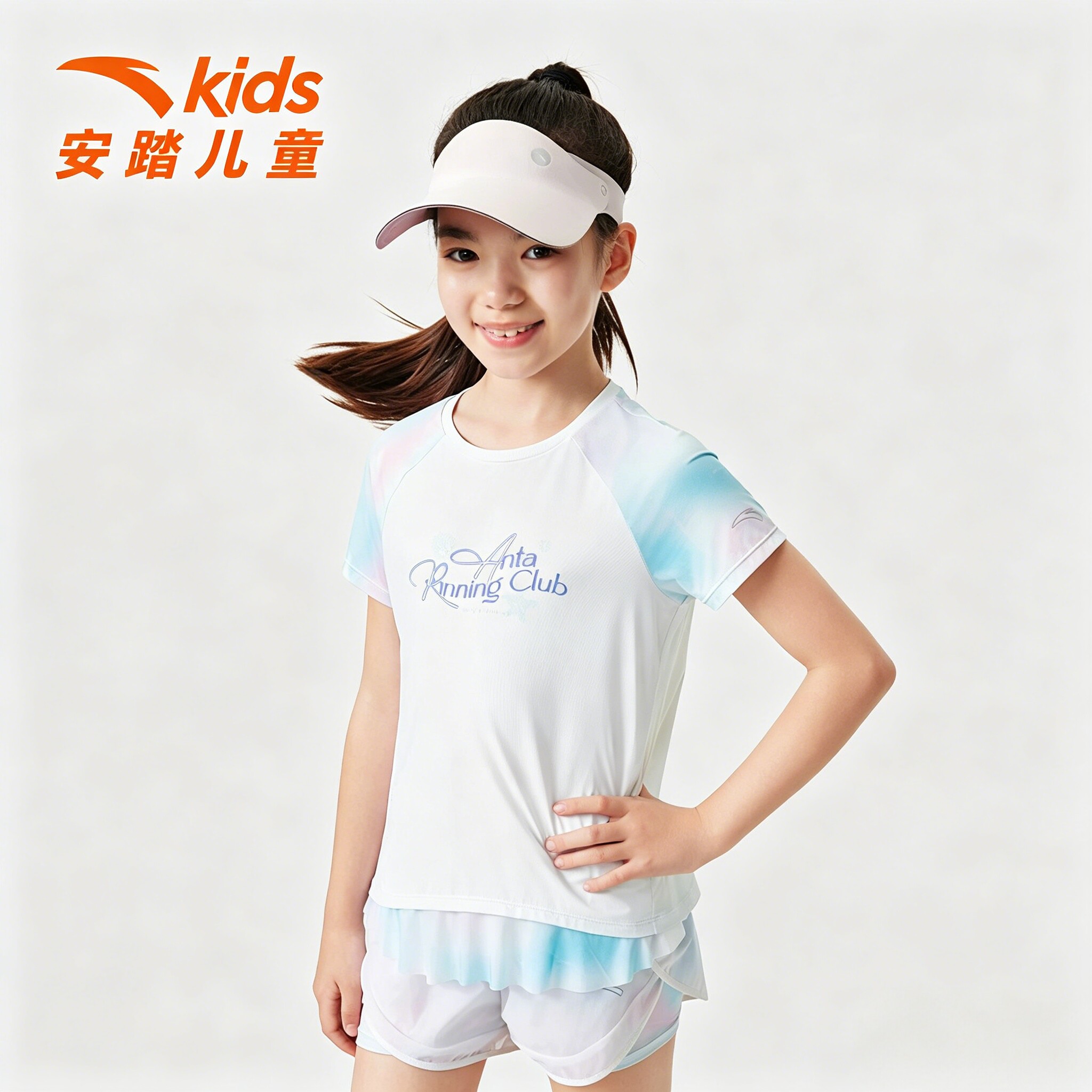 安踏儿童2025夏季新款女大童跑步系列抗菌透爽针织短袖衫