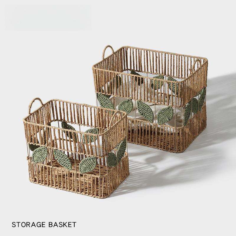 亚马逊热销纸绳藤编收纳框浴室毛巾衣服玩具带提手时尚镂空收纳篮