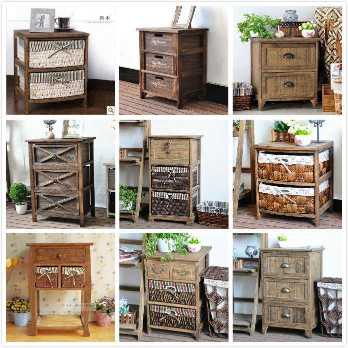 复古实木现代简约40CM床头柜美式田园藤编收纳储物柜斗柜