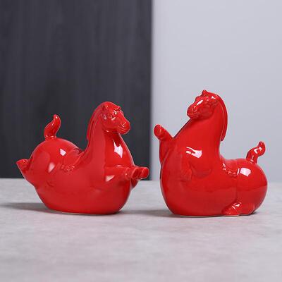 马陶瓷工艺品风水招财客厅家居小饰品 创意可爱红色唐马摆件