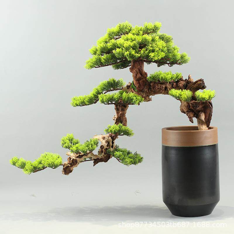 新中式迎客松实木创意家居饰品摆件酒店样板房玄关仿真盆景工艺品