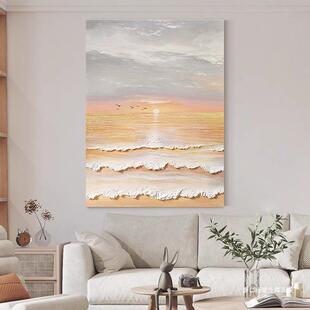 大芬村纯手绘油画奶油风玄关装饰画海景挂画客厅立体肌理画