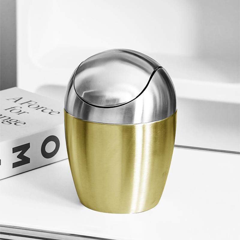 304不锈钢迷你桌面垃圾桶高颜值台面金色小收纳筒带盖卧室废纸篓