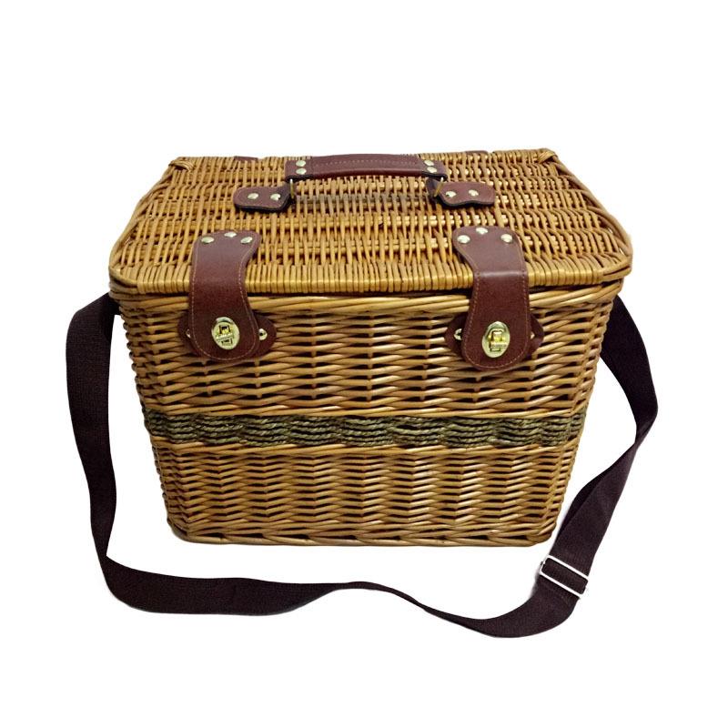 肩带式野餐篮户外野营收纳筐柳条水草绳编织收纳含餐具野便携