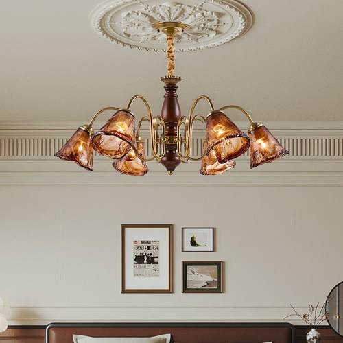 中古风客厅吊灯胡桃木色美式复古琥珀色玻璃吊灯2025新款实木吊灯