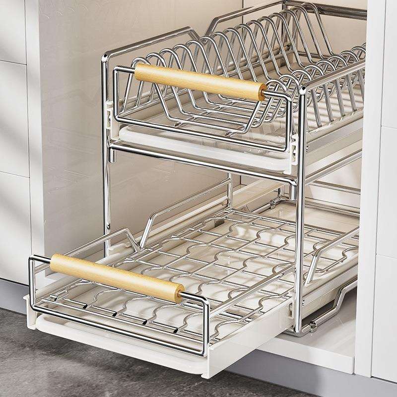 不锈钢碗碟收纳架厨房橱柜内置物架抽屉式拉篮抽拉碗架碗盘沥水架