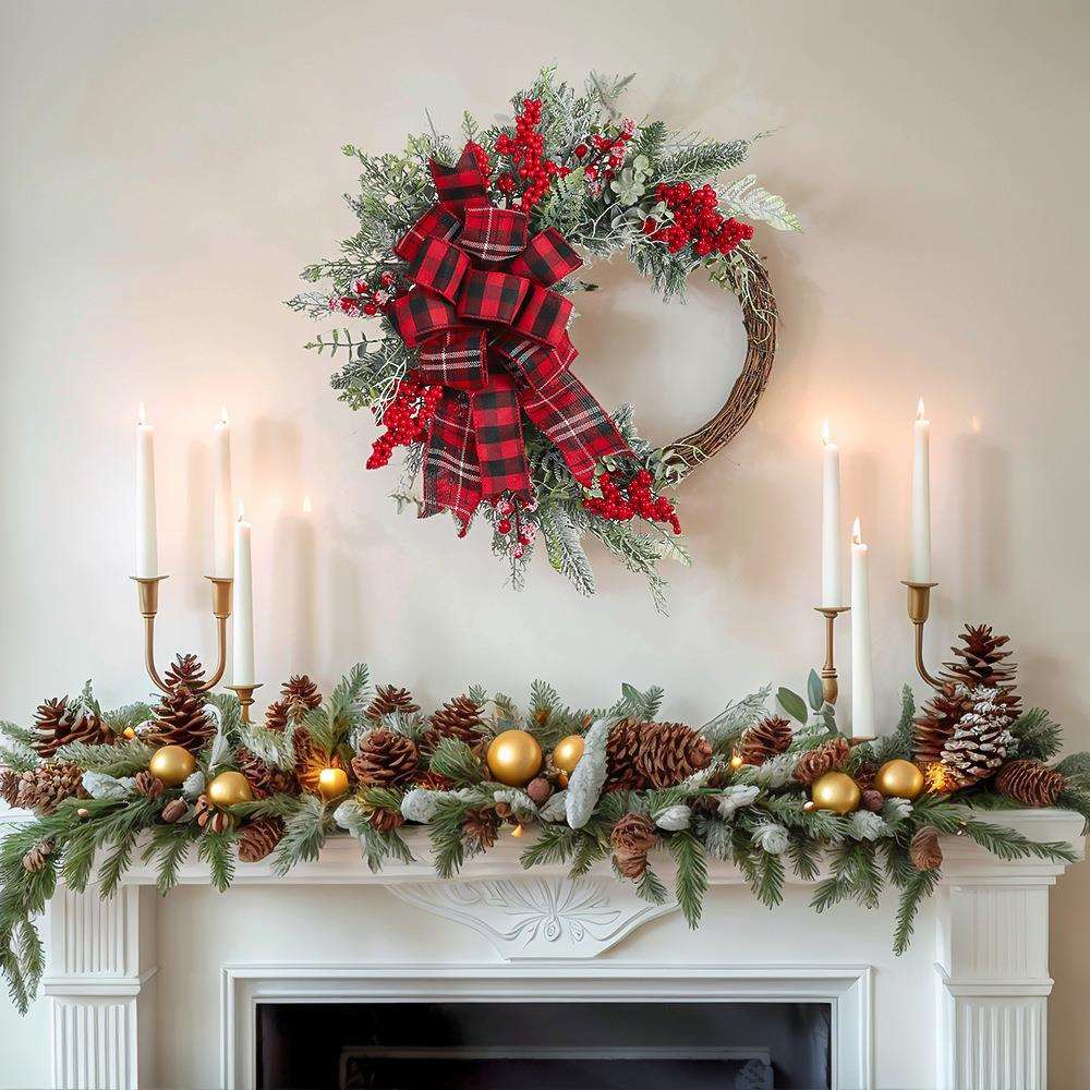 纵鸿新款北欧藤圈花环壁挂门饰半圈蝴蝶结装饰圣诞藤条橱窗摆件