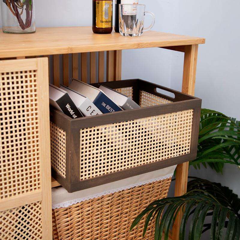 复古镂空藤编收纳筐木质长方形收纳盒日式客厅玩具书本收纳筐现货