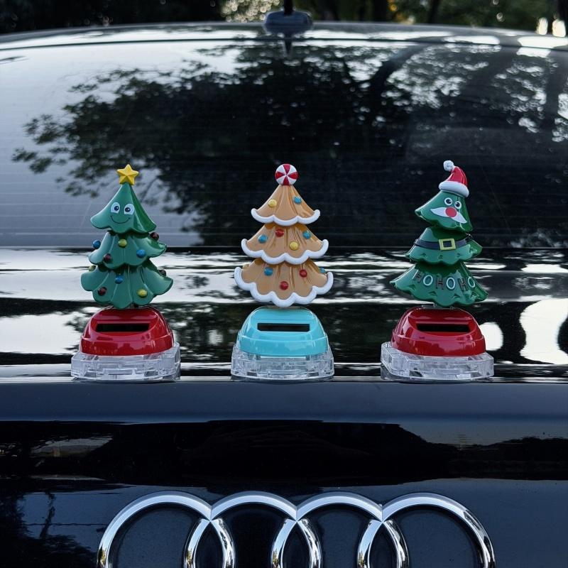 车载圣诞节太阳能自动摇摆圣诞树汽车内摇头装饰品创意摆件QQ