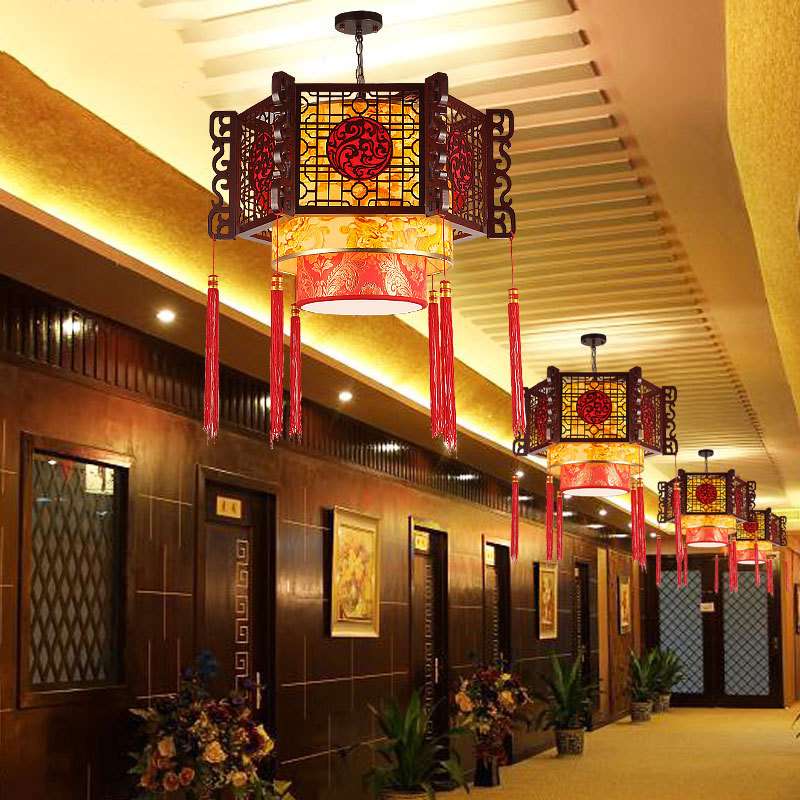 复古中式吊灯古典木艺茶楼仿古宫殿火锅店餐厅过道酒店大厅灯具