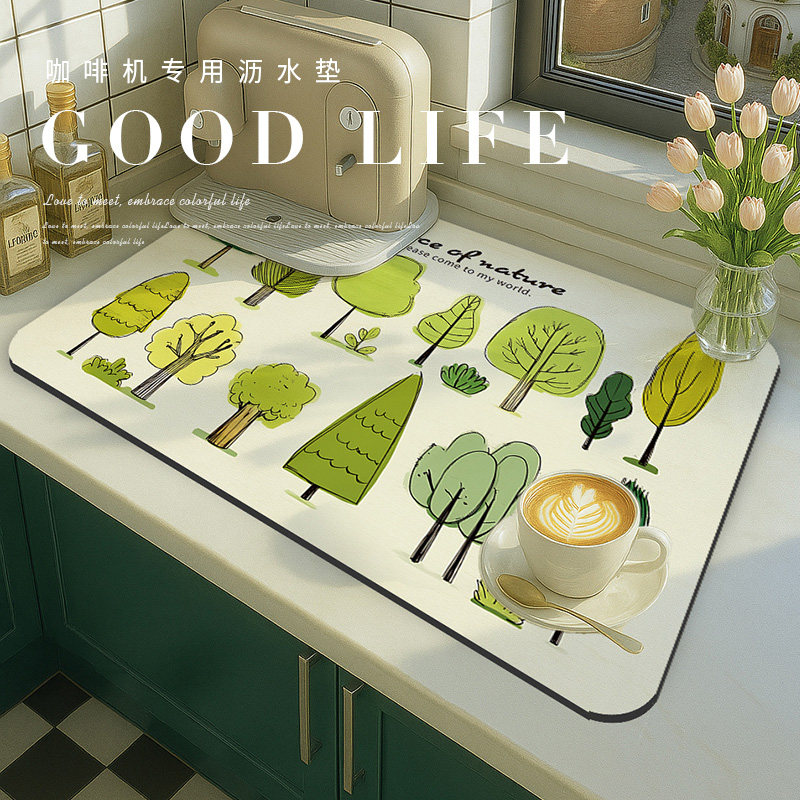 手绘小树咖啡机沥水垫子硅藻泥厨房台面吸水速干洗手台防溅水杯垫