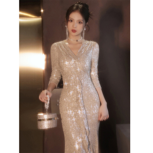 法式晚礼服女长袖新款高级感宴会气质名媛高端轻奢小众闪亮连衣裙