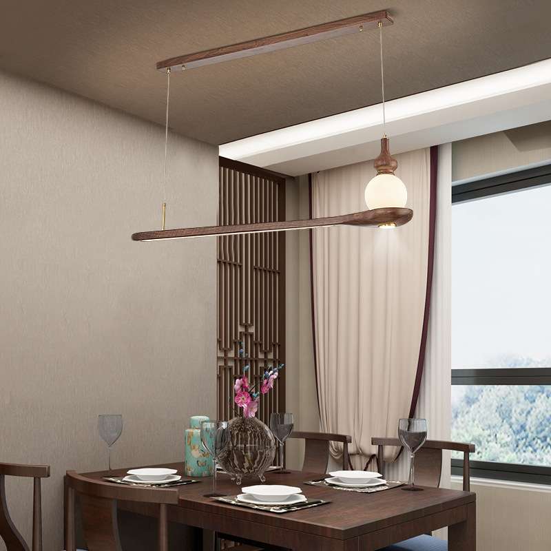实木新中式书房吊灯餐厅茶室简约现代中国风全铜餐桌吧台长条灯具