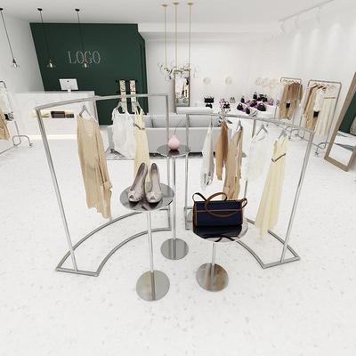 服装展示架不锈钢拉丝银高低半圆形挂衣杠子服装店橱窗展示流水台