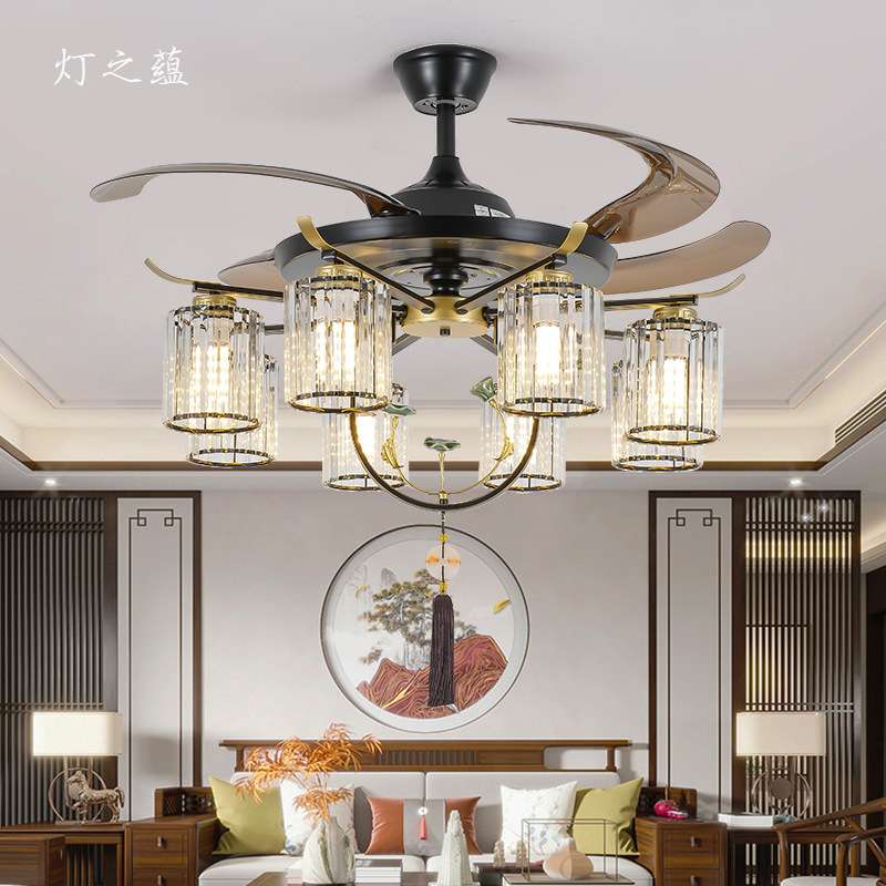 水晶新中式风扇灯隐形客厅灯扇吊灯遥控仿古中国风饭店餐馆餐厅灯