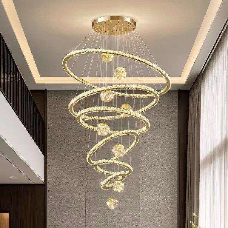 轻奢风水晶客厅吊灯主灯现代简约挑空跃层别墅复式旋转楼梯大吊灯