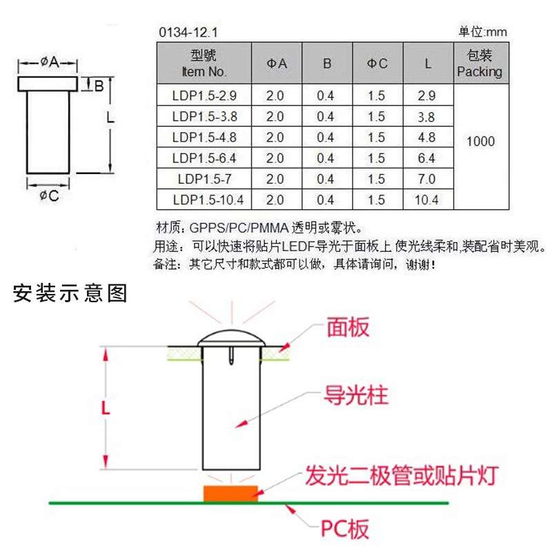 LDP1.5mm孔径细小直径导光柱 PC透明平头导光柱led贴片灯导光帽