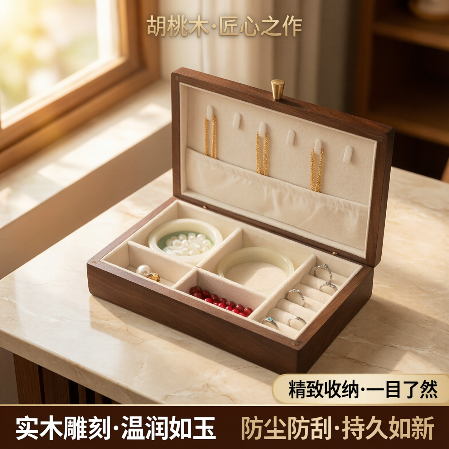 胡桃木首饰盒实木质高档精致耳环项链戒指手镯收纳盒家用饰品盒