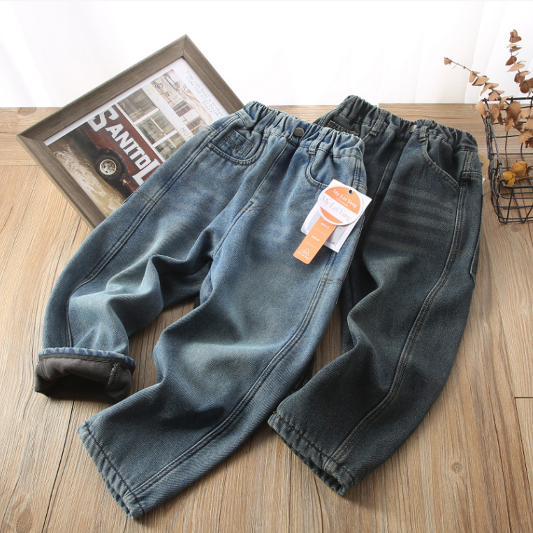 加绒牛仔裤儿童宽松阔腿裤松紧腰男童女童冬季保暖裤子-LY8832