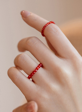 极速网红新品红色戒指o女进口14k注金超闪水晶细戒指叠戴复古风in