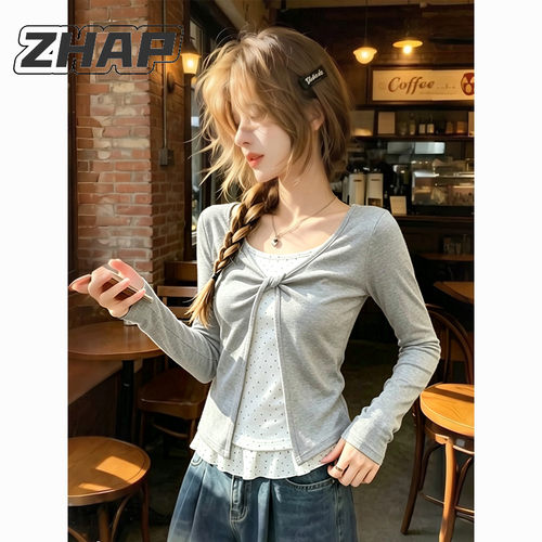 ZHAP扭结假两件波点长袖T恤女