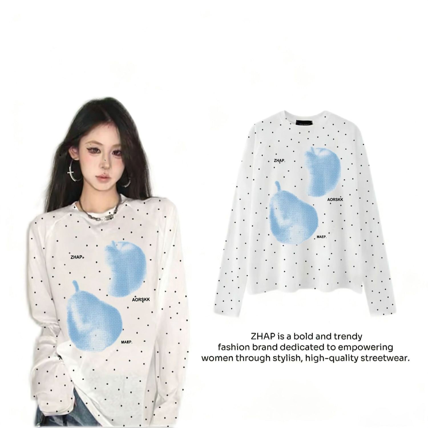 ZHAP新款圆领波点罩衫长袖t恤上衣女设计感爆款百搭港风上衣流行