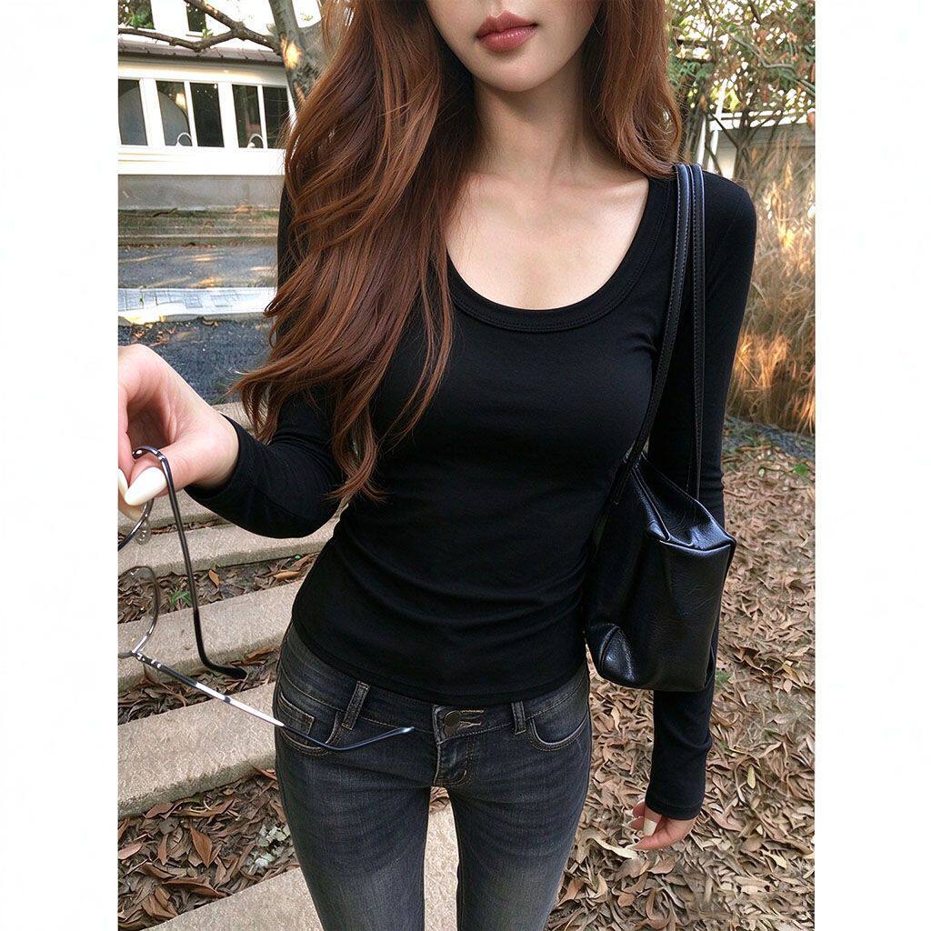ZHAP大码胖MM秋冬纯欲风U领纯色修身显瘦打底女黑色温柔纯欲慵懒
