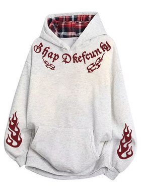 ZHAP重磅拼接格子连帽卫衣女秋冬款花灰色轻奢别致宽松加厚上衣潮