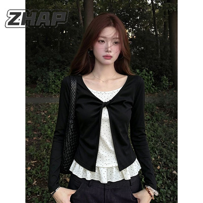 ZHAP扭结假两件波点长袖T恤女