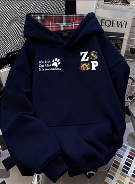 ZHAP重磅格子连帽卫衣女秋冬款简约高街显瘦chic加绒加厚上衣潮