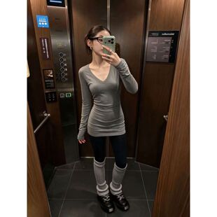 ZHAPV领内搭打底衫长袖t恤女反季废土风加长包臀秋冬打底衫修身
