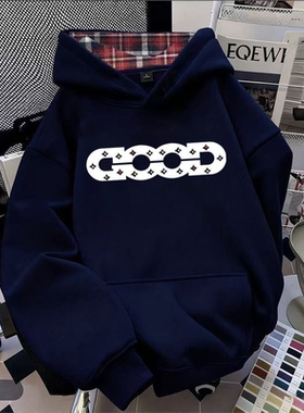 ZHAP重磅格子连帽卫衣女秋冬款藏青色欧美风通勤休闲盐系百搭上衣