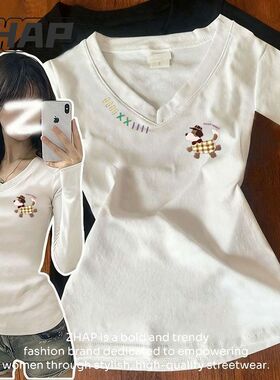 ZHAPV领长袖t恤女秋季新款白色卡通印花多巴胺穿搭欧美慵懒风上衣