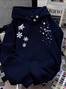 ZHAP重磅纽扣新款连帽卫衣女藏青色简约高街气质chic加绒加厚上衣