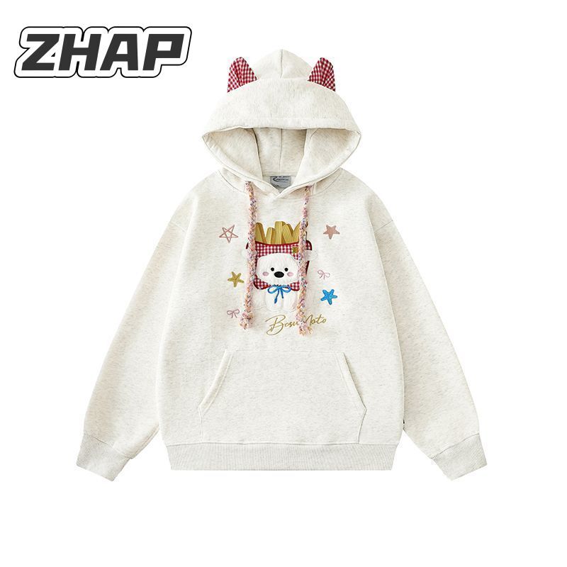 ZHAP毛绒刺绣薯条小狗格纹耳朵卫衣女秋冬加绒慵懒风韩系可爱外套