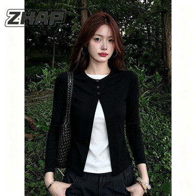 ZHAP拼接假两件长袖T恤女遮肉