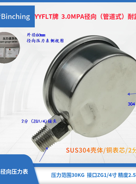 滨清  YN60耐震压力表 0-3.0MPA 径向不锈钢压力表  防震压力表