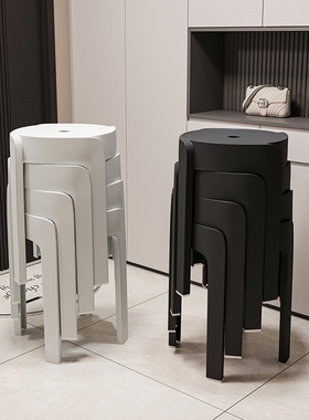 塑料凳子家用加厚餐椅黑色风车圆板凳可叠放餐桌凳出租房用小椅子