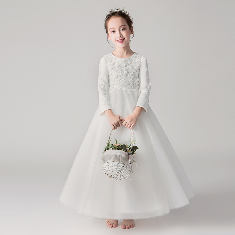 儿童礼服公主裙女童白p色加厚冬季花童婚纱小主持人演出服长裙秋