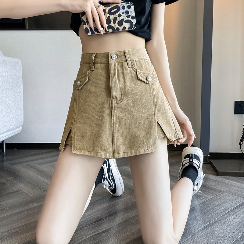 棕色开叉牛仔短j裤裙女夏季新款高腰假两件半身裙设计a字包臀裤裙